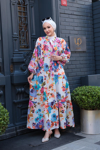 Karışık Çicek Desen Elbise Gül Kurusu