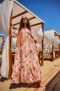 Karışık Çiçek Desen Elbise Krem