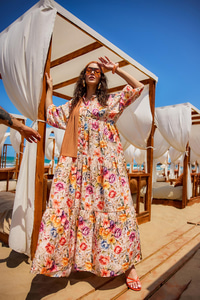 Karışık Çiçek Desen Elbise Krem