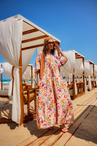 Karışık Çiçek Desen Elbise Krem