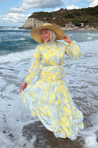 Karışık Çiçek Desen Elbise Sarı