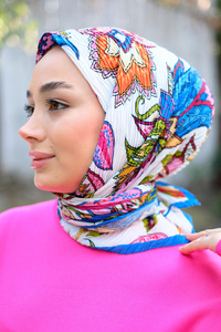 Karışık Çiçek Desen Pliseli Esarp Saks Mavi