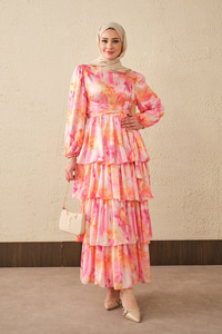 Karışık Desen Bel Bağlamalı Saten Elbise Pembe