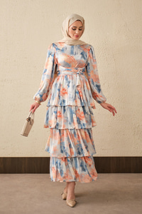 Karışık Desen Bel Bağlamalı Saten Elbise Somon