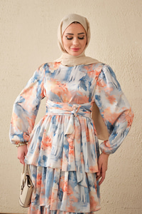 Karışık Desen Bel Bağlamalı Saten Elbise Somon