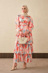 Karışık Desen Bel Bağlamalı Saten Elbise Nar Çiçeği