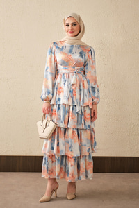 Karışık Desen Bel Bağlamalı Saten Elbise Somon