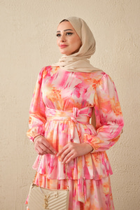 Karışık Desen Bel Bağlamalı Saten Elbise Pembe