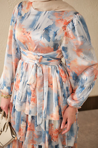 Karışık Desen Bel Bağlamalı Saten Elbise Somon