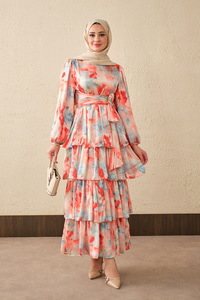 Karışık Desen Bel Bağlamalı Saten Elbise Nar Çiçeği