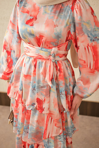 Karışık Desen Bel Bağlamalı Saten Elbise Nar Çiçeği