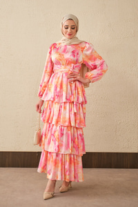 Karışık Desen Bel Bağlamalı Saten Elbise Pembe