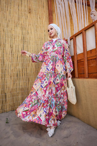 Karışık Desen Elbise Fuşya