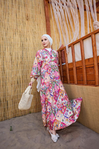 Karışık Desen Elbise Fuşya