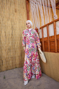 Karışık Desen Elbise Fuşya