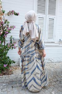 Karışık Desen Elbise İndigo Mavi