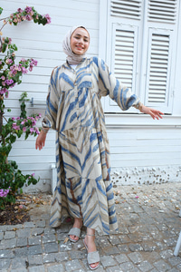 Karışık Desen Elbise İndigo Mavi