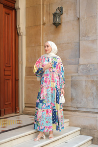 Karışık Desen Elbise Lacivert