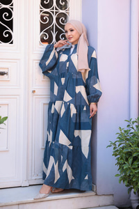 Karışık Desen Elbise Mavi