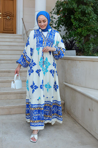 Karışık Desen Elbise Mavi