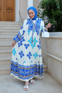 Karışık Desen Elbise Mavi