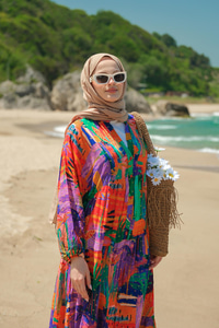 Karışık Desen Elbise Mor