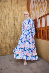 Karışık Desen Elbise Saks Mavi