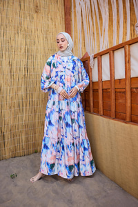 Karışık Desen Elbise Saks Mavi