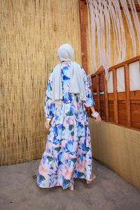 Karışık Desen Elbise Saks Mavi