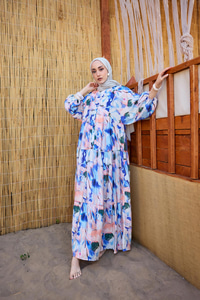 Karışık Desen Elbise Saks Mavi