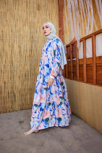 Karışık Desen Elbise Saks Mavi