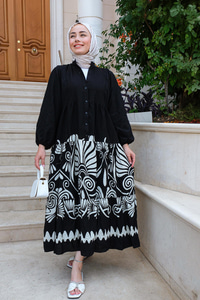 Karışık Desen Elbise Siyah