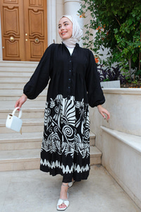 Karışık Desen Elbise Siyah