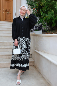 Karışık Desen Elbise Siyah