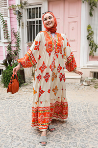 Karışık Desen Elbise Turuncu