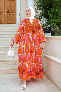 Karışık Desen Elbise Turuncu
