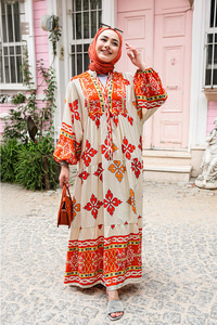 Karışık Desen Elbise Turuncu