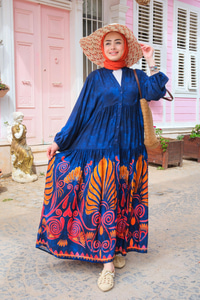 Karışık Desen Elbise Turuncu