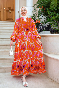 Karışık Desen Elbise Turuncu
