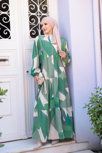 Karışık Desen Elbise Yeşil