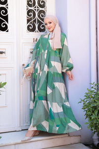 Karışık Desen Elbise Yeşil