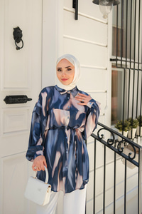 Karışık Desen Gömlek İndigo Mavi