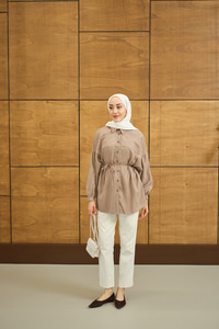 Karışık Desen Jakar Gömlek Vizon