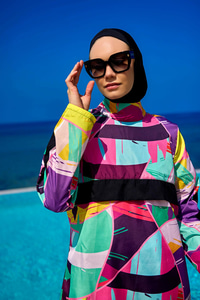 Karışık Desen Tesettür Mayo Fuşya