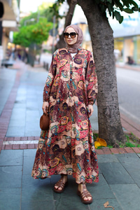 Karışık Desenli Elbise Açık Kahve