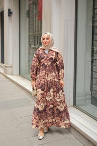 Karışık Desenli Elbise Kahverengi