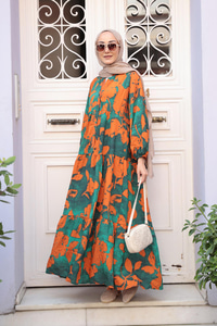 Karışık Yaprak Desen Elbise Turuncu