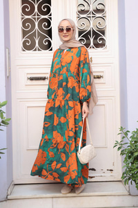 Karışık Yaprak Desen Elbise Turuncu