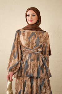 Kat Kat Detay Kuşaklı Astarlı Şifon Elbise Lacivert