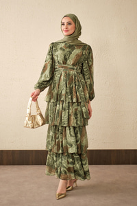 Kat Kat Detay Kuşaklı Astarlı Şifon Elbise Haki Yeşil